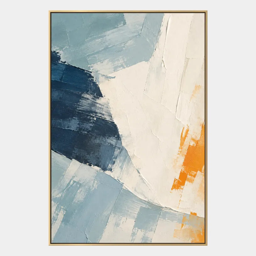 Pintura al óleo minimalista abstracta y conceptual que presenta marcas abstractas en capas, textura y movimiento pictórico expresivo en una paleta azul.