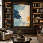 Minimalist abstract & conceptual oil painting featuring layered abstract marks, texture and expressive painterly movement in a blue palette.