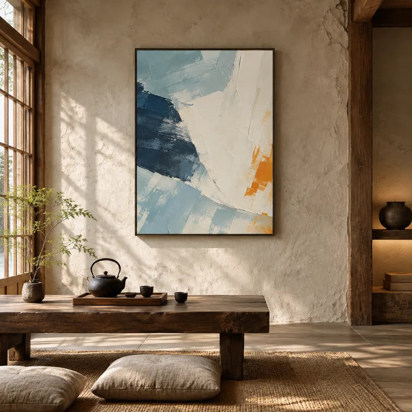 Minimalist abstract & conceptual oil painting featuring layered abstract marks, texture and expressive painterly movement in a blue palette.