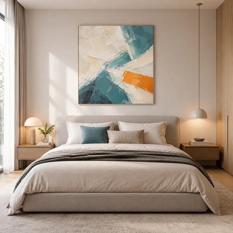 Minimalist abstract & conceptual oil painting featuring layered abstract marks, texture and expressive painterly movement in a beige palette.