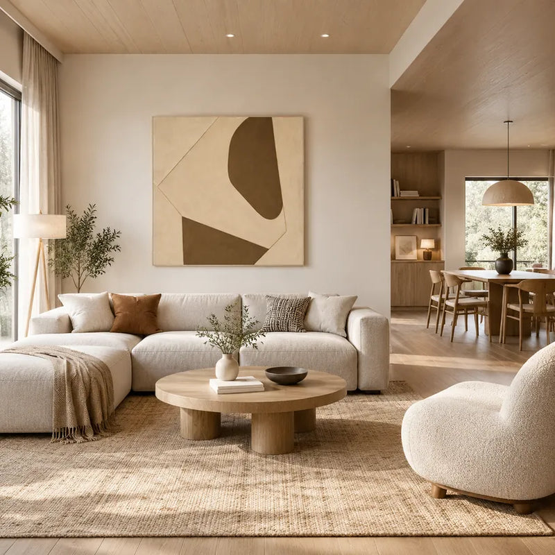 Minimalistisches abstraktes und konzeptuelles Ölgemälde mit geschichteten abstrakten Zeichen, Textur und ausdrucksstarker malerischer Bewegung in einer Beige-Palette.
