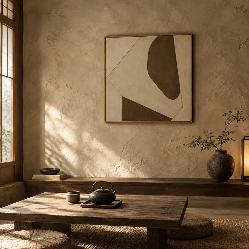 Peinture à l'huile abstraite et conceptuelle minimaliste présentant des marques abstraites superposées, une texture et un mouvement pictural expressif dans une palette beige.
