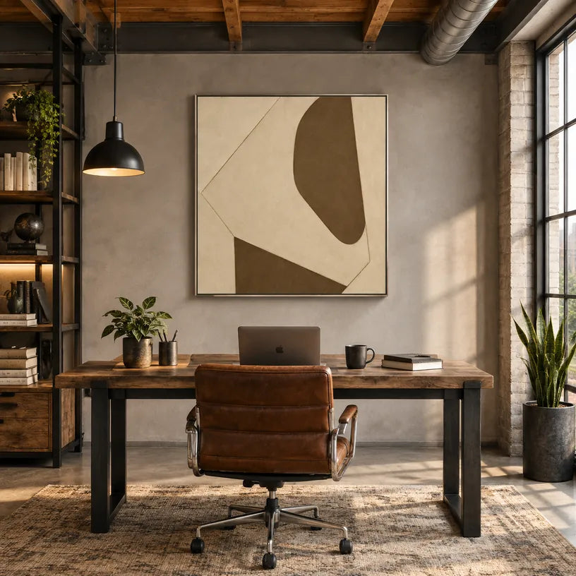 Minimalistisches abstraktes und konzeptuelles Ölgemälde mit geschichteten abstrakten Zeichen, Textur und ausdrucksstarker malerischer Bewegung in einer Beige-Palette.