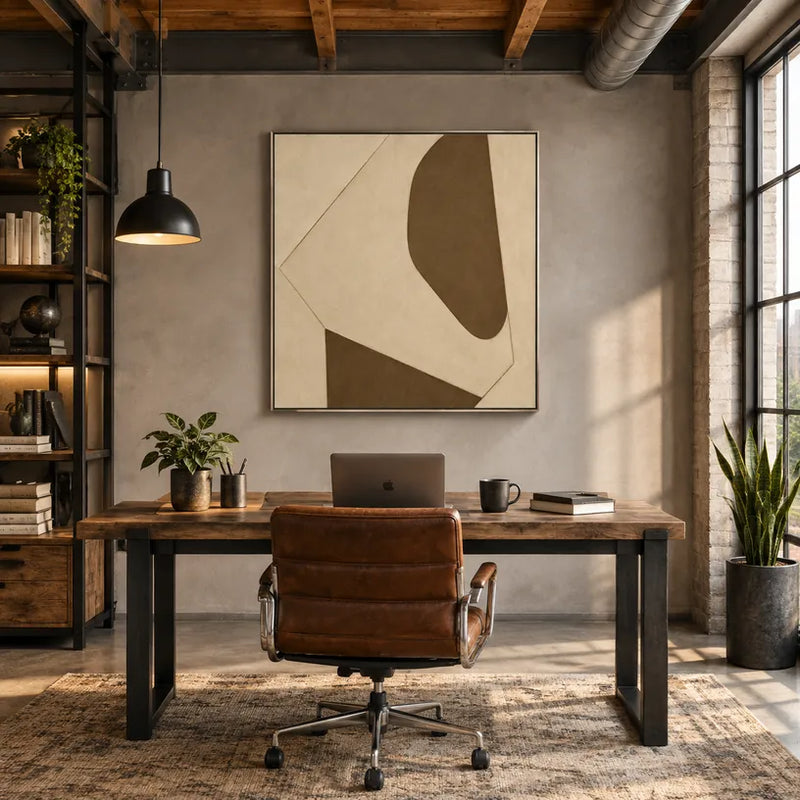 Minimalistisches abstraktes und konzeptuelles Ölgemälde mit geschichteten abstrakten Zeichen, Textur und ausdrucksstarker malerischer Bewegung in einer Beige-Palette.