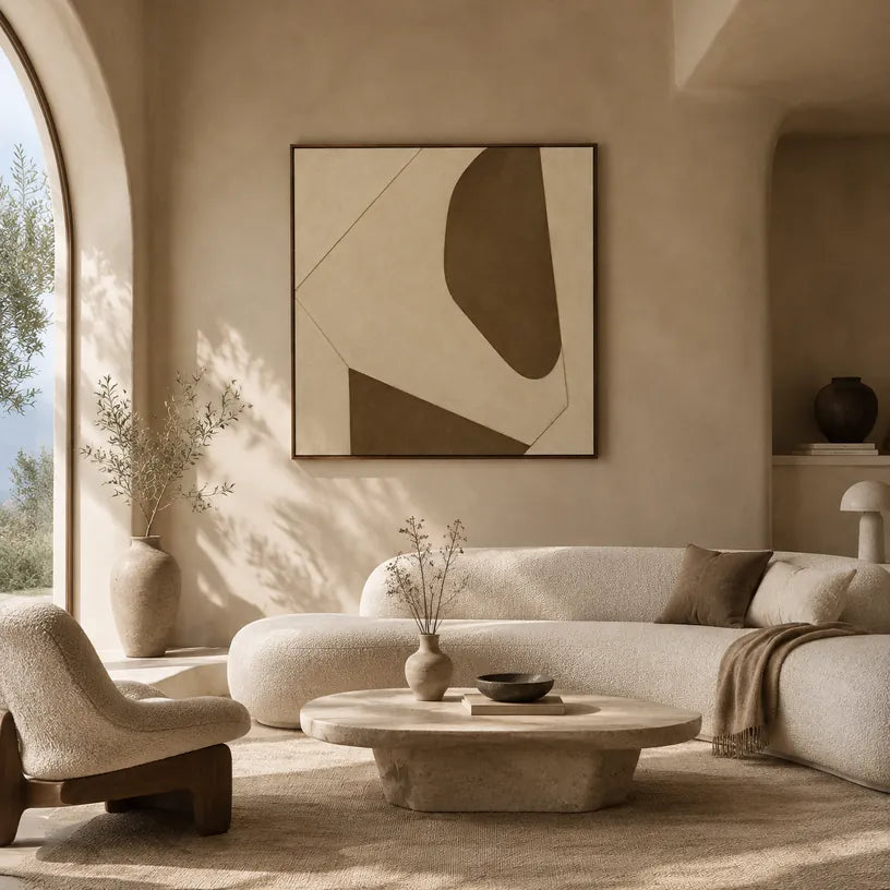 Minimalistisches abstraktes und konzeptuelles Ölgemälde mit geschichteten abstrakten Zeichen, Textur und ausdrucksstarker malerischer Bewegung in einer Beige-Palette.