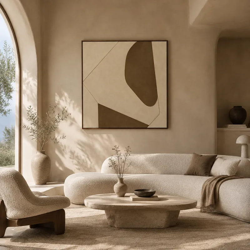 Minimalistisches abstraktes und konzeptuelles Ölgemälde mit geschichteten abstrakten Zeichen, Textur und ausdrucksstarker malerischer Bewegung in einer Beige-Palette.