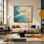 Minimalistisches abstraktes und konzeptuelles Ölgemälde mit geschichteten abstrakten Zeichen, Textur und ausdrucksstarker malerischer Bewegung in einer blauen Palette.