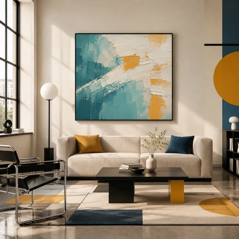 Minimalistisches abstraktes und konzeptuelles Ölgemälde mit geschichteten abstrakten Zeichen, Textur und ausdrucksstarker malerischer Bewegung in einer blauen Palette.