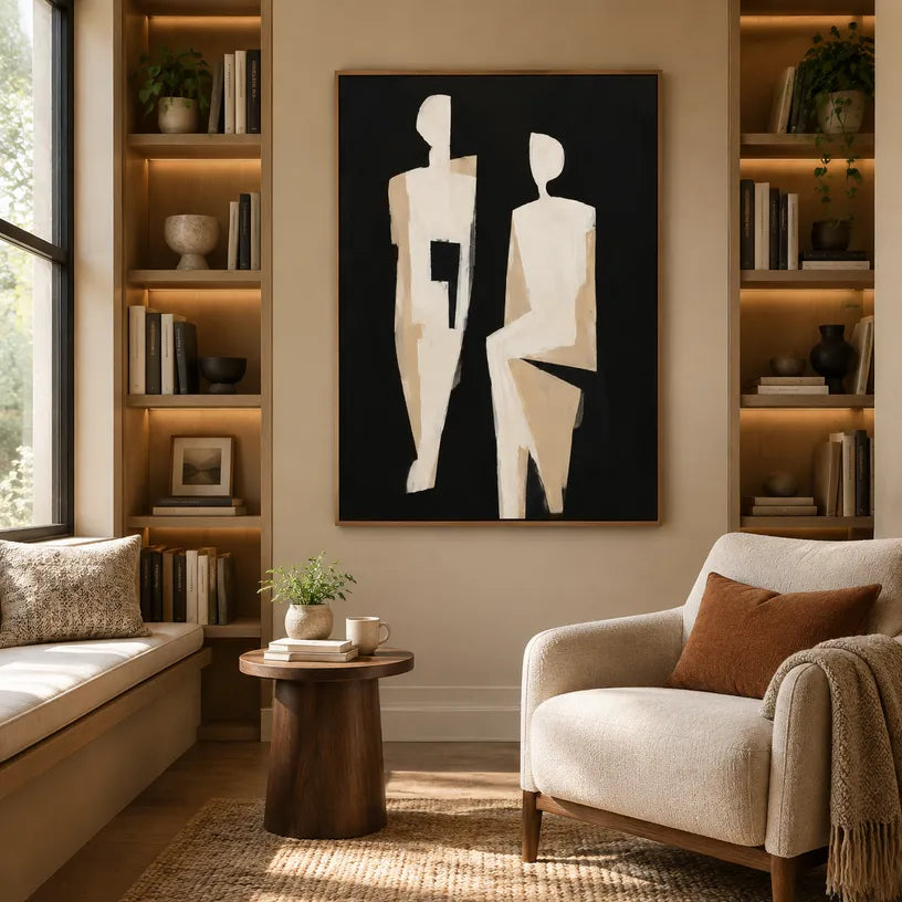 Minimalist portraiture & figure oil painting showing a stylized figure or portrait with expressive painterly shapes in a black palette.
