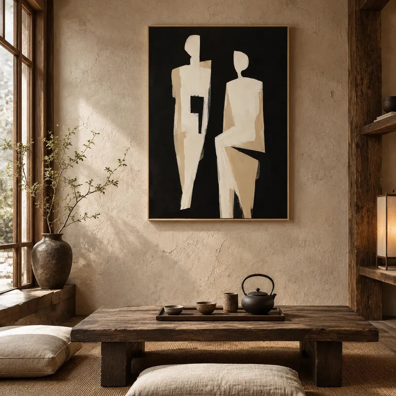 Minimalist portraiture & figure oil painting showing a stylized figure or portrait with expressive painterly shapes in a black palette.