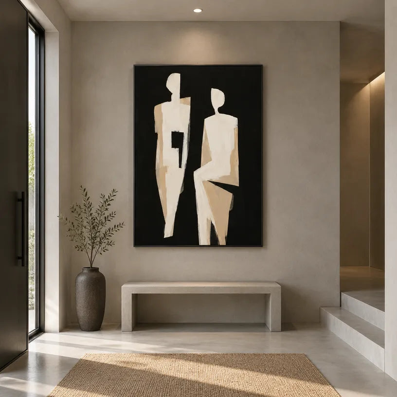 Minimalist portraiture & figure oil painting showing a stylized figure or portrait with expressive painterly shapes in a black palette.