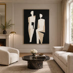 Minimalist portraiture & figure oil painting showing a stylized figure or portrait with expressive painterly shapes in a black palette.