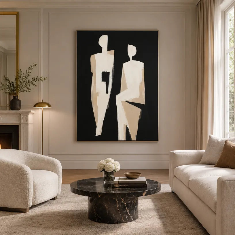 Minimalist portraiture & figure oil painting showing a stylized figure or portrait with expressive painterly shapes in a black palette.