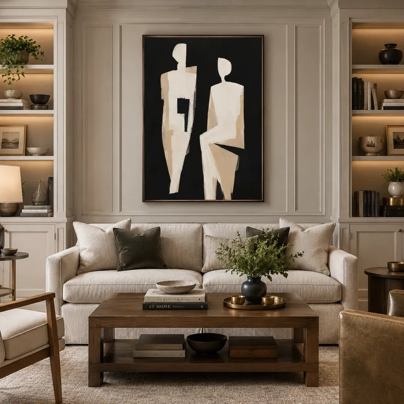 Minimalist portraiture & figure oil painting showing a stylized figure or portrait with expressive painterly shapes in a black palette.