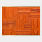 Minimalist abstract oil painting showing layered abstract marks, texture and expressive painterly movement in a orange palette.