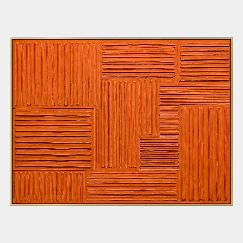 Minimalist abstract oil painting showing layered abstract marks, texture and expressive painterly movement in a orange palette.