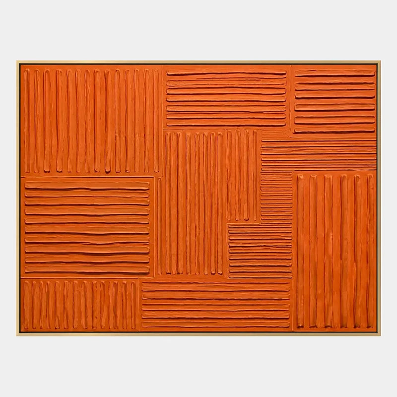 Minimalistisches abstraktes und konzeptuelles Ölgemälde mit geschichteten abstrakten Zeichen, Textur und ausdrucksstarker malerischer Bewegung in einer orangefarbenen Palette.