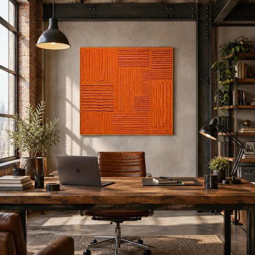 Minimalist abstract oil painting showing layered abstract marks, texture and expressive painterly movement in a orange palette.