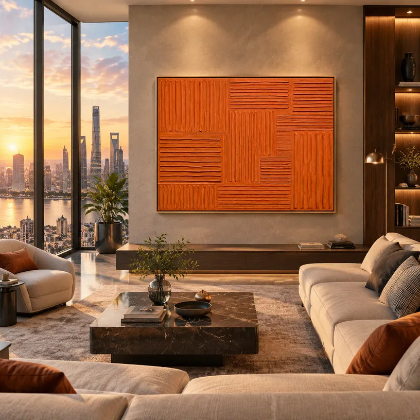 Minimalist abstract oil painting showing layered abstract marks, texture and expressive painterly movement in a orange palette.