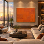Minimalist abstract oil painting showing layered abstract marks, texture and expressive painterly movement in a orange palette.