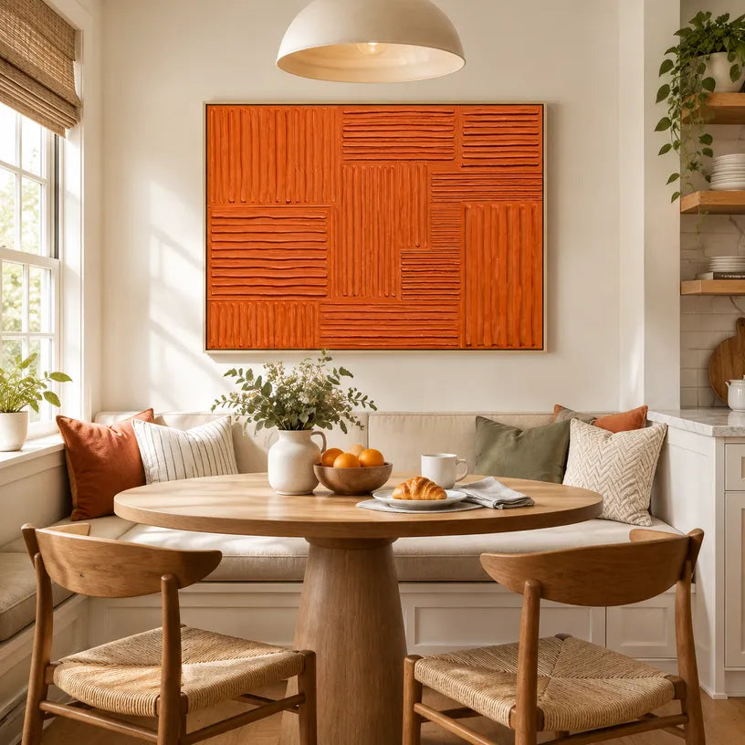 Minimalist abstract oil painting showing layered abstract marks, texture and expressive painterly movement in a orange palette.