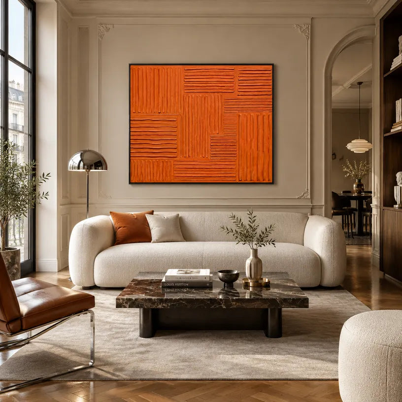 Minimalist abstract oil painting showing layered abstract marks, texture and expressive painterly movement in a orange palette.