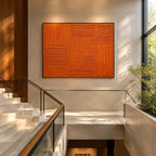 Minimalist abstract oil painting showing layered abstract marks, texture and expressive painterly movement in a orange palette.