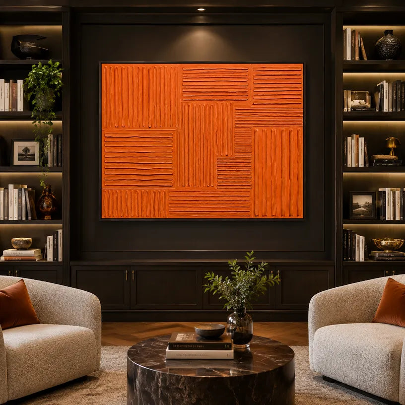 Minimalist abstract oil painting showing layered abstract marks, texture and expressive painterly movement in a orange palette.