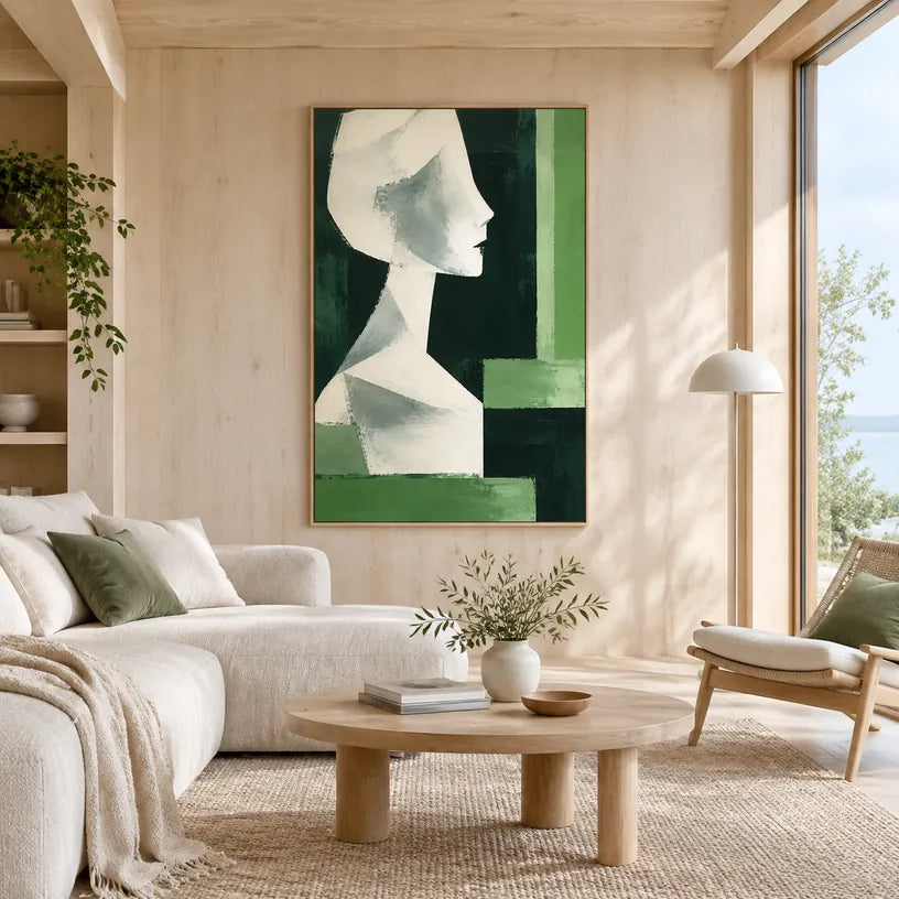 Portrait minimaliste et peinture à l'huile représentant une figure ou un portrait expressif rendu avec des détails picturaux.