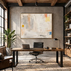 Pittura a olio minimalista astratta e concettuale con segni astratti stratificati, consistenza e movimento pittorico espressivo in una tavolozza beige.