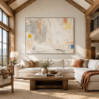 Pittura a olio minimalista astratta e concettuale con segni astratti stratificati, consistenza e movimento pittorico espressivo in una tavolozza beige.