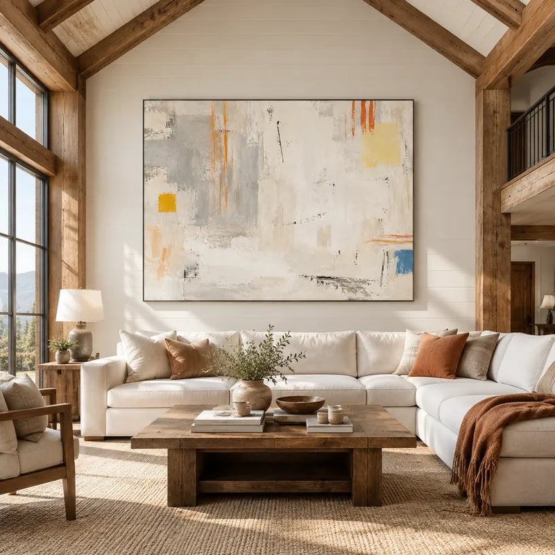 Pittura a olio minimalista astratta e concettuale con segni astratti stratificati, consistenza e movimento pittorico espressivo in una tavolozza beige.