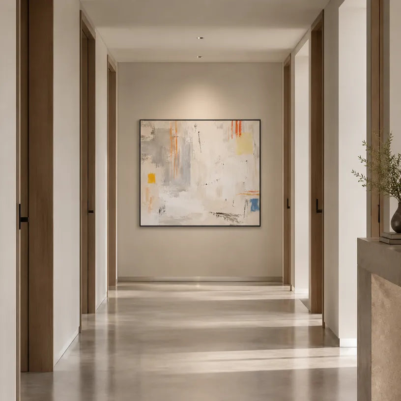 Pittura a olio minimalista astratta e concettuale con segni astratti stratificati, consistenza e movimento pittorico espressivo in una tavolozza beige.