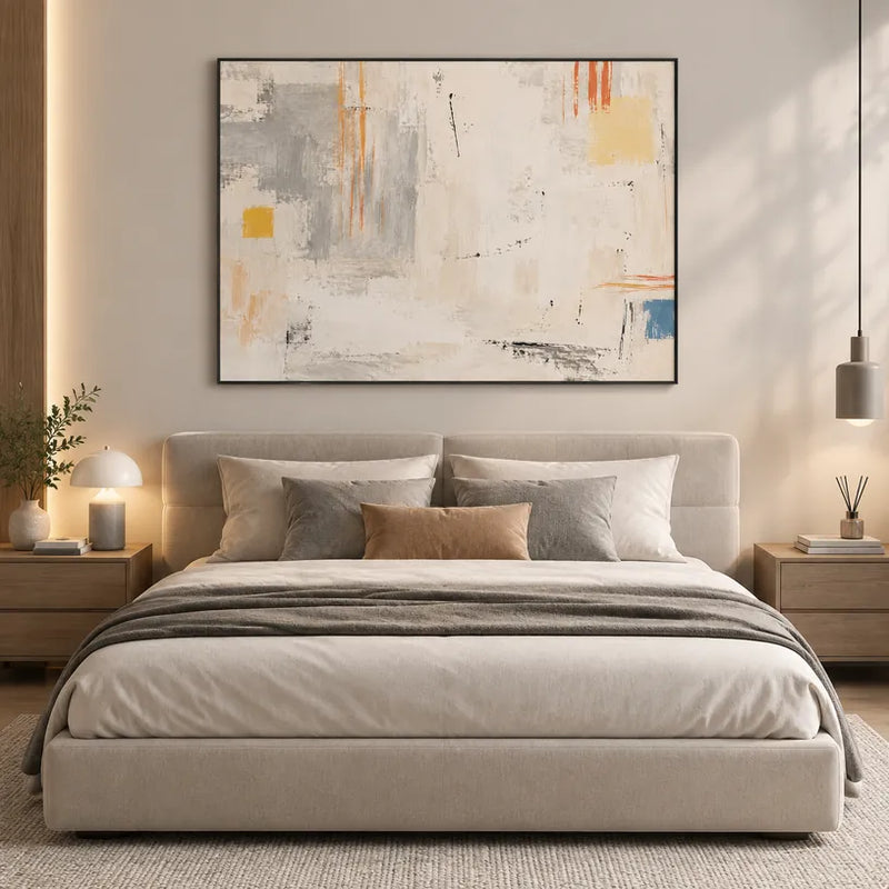 Pittura a olio minimalista astratta e concettuale con segni astratti stratificati, consistenza e movimento pittorico espressivo in una tavolozza beige.