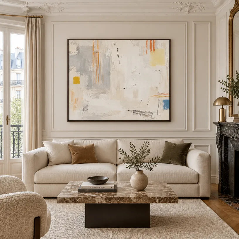 Pittura a olio minimalista astratta e concettuale con segni astratti stratificati, consistenza e movimento pittorico espressivo in una tavolozza beige.