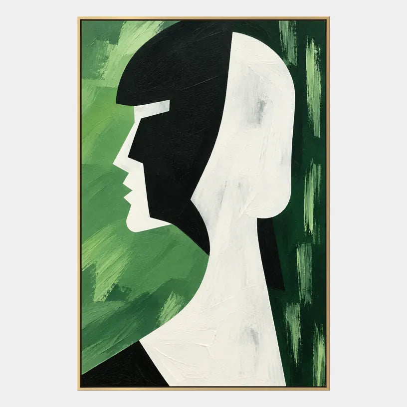 Minimalist portraiture & figure oil painting featuring an expressive figure or portrait rendered with painterly detail in a green palette.