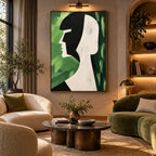Minimalist portraiture & figure oil painting featuring an expressive figure or portrait rendered with painterly detail in a green palette.