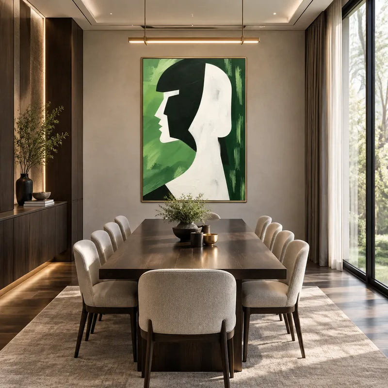 Minimalist portraiture & figure oil painting featuring an expressive figure or portrait rendered with painterly detail in a green palette.
