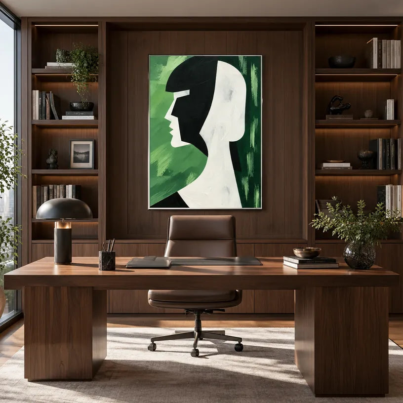 Minimalist portraiture & figure oil painting featuring an expressive figure or portrait rendered with painterly detail in a green palette.