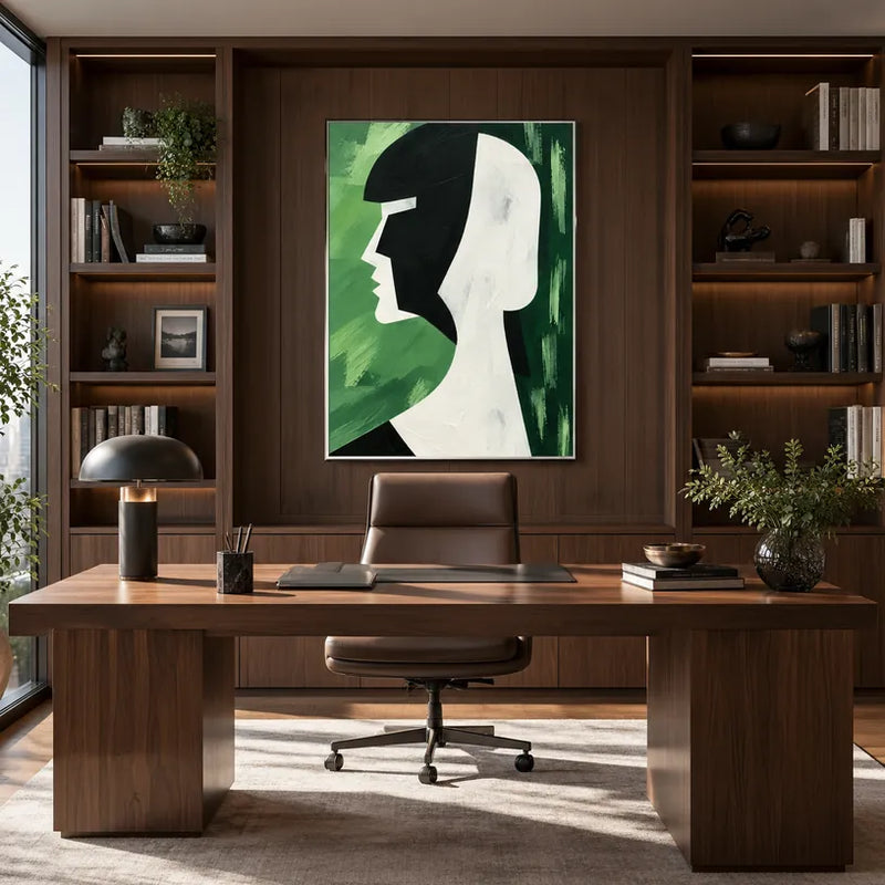 Minimalist portraiture & figure oil painting featuring an expressive figure or portrait rendered with painterly detail in a green palette.