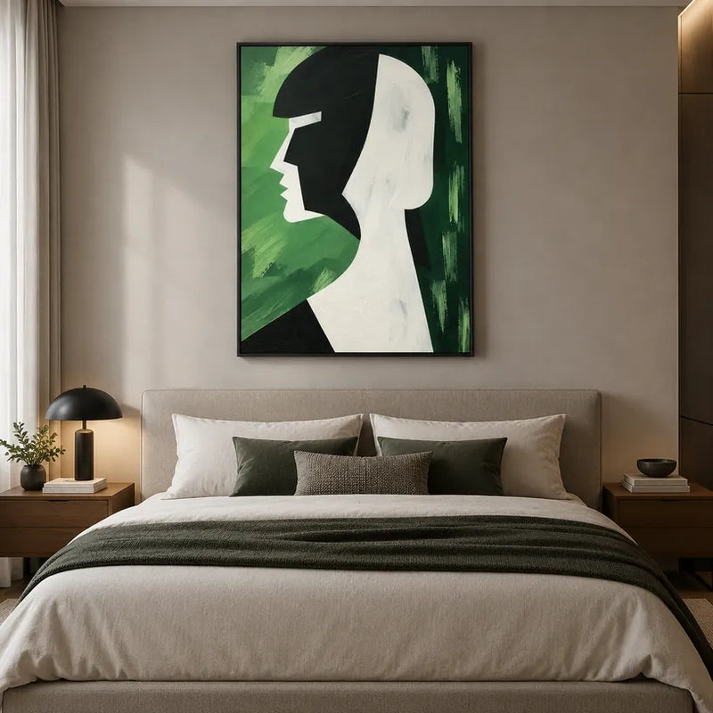 Minimalist portraiture & figure oil painting featuring an expressive figure or portrait rendered with painterly detail in a green palette.