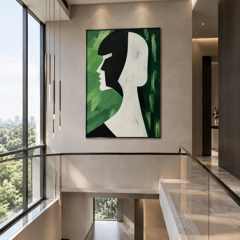 Minimalist portraiture & figure oil painting featuring an expressive figure or portrait rendered with painterly detail in a green palette.