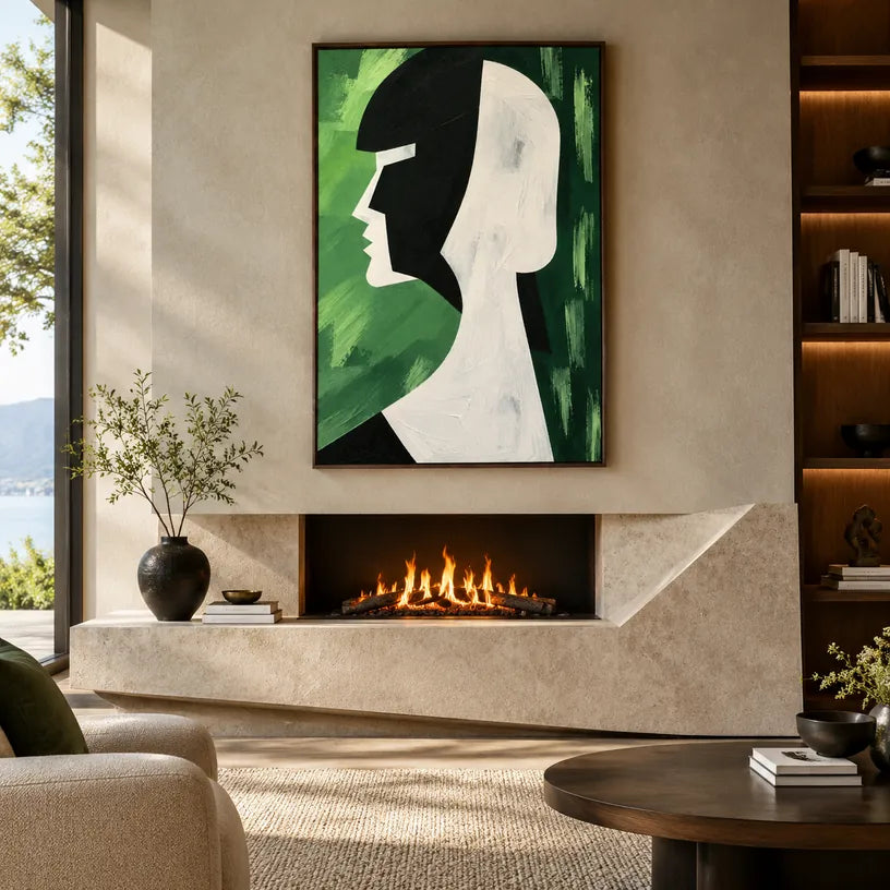 Minimalist portraiture & figure oil painting featuring an expressive figure or portrait rendered with painterly detail in a green palette.