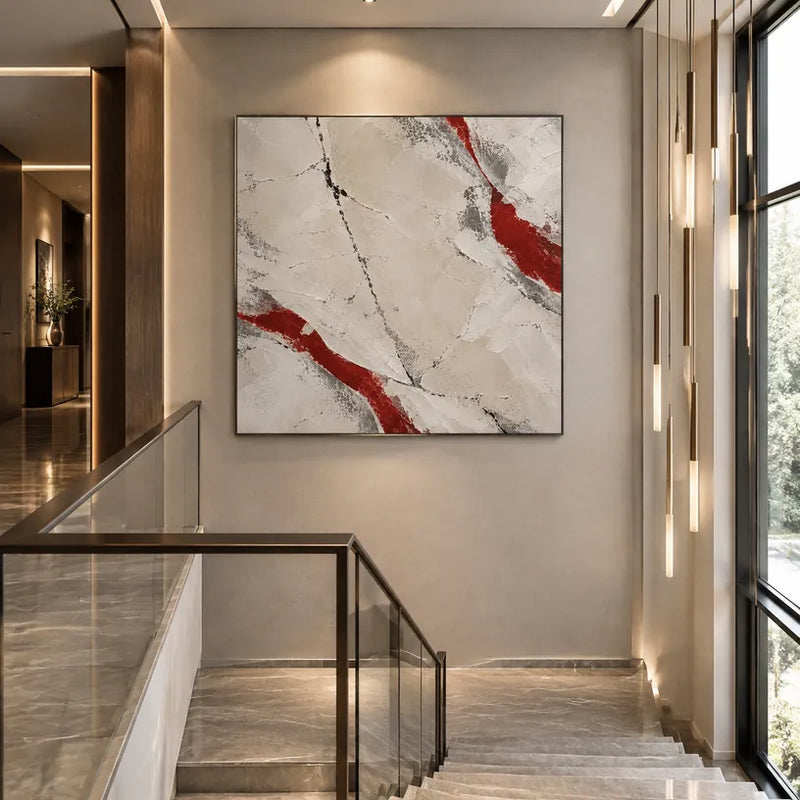 Pittura a olio minimalista astratta e concettuale con segni astratti stratificati, consistenza e movimento pittorico espressivo in una tavolozza beige.