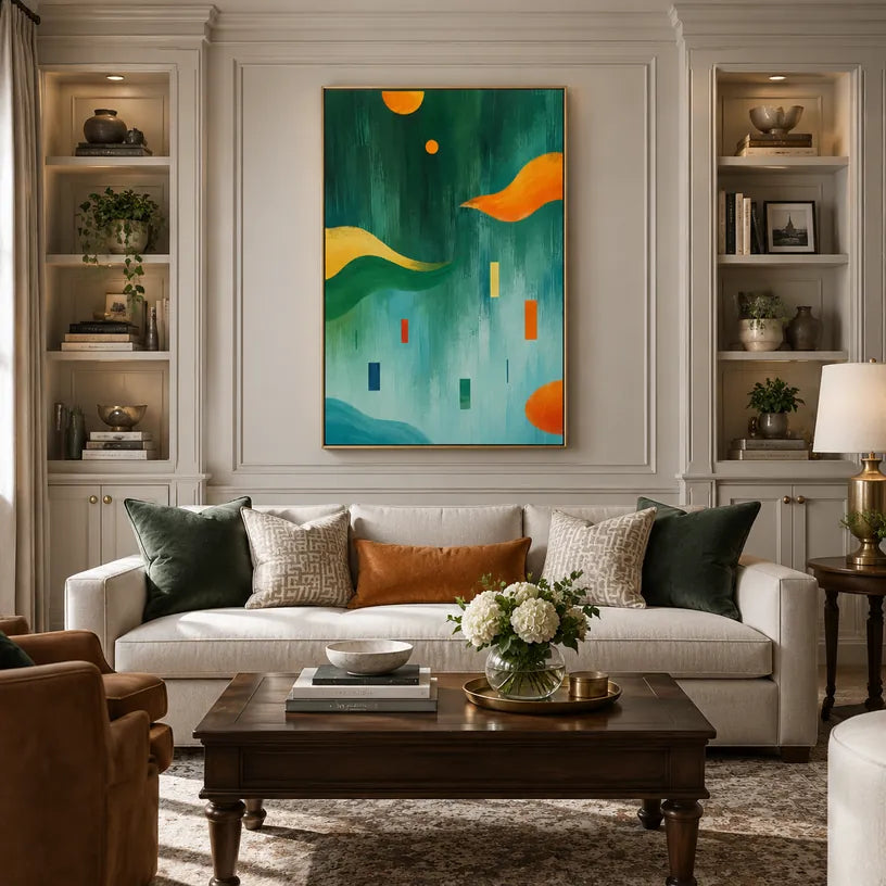 Pittura a olio minimalista astratta e concettuale con segni astratti stratificati, consistenza e movimento pittorico espressivo in una tavolozza verde.