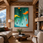 Pittura a olio minimalista astratta e concettuale con segni astratti stratificati, consistenza e movimento pittorico espressivo in una tavolozza verde.