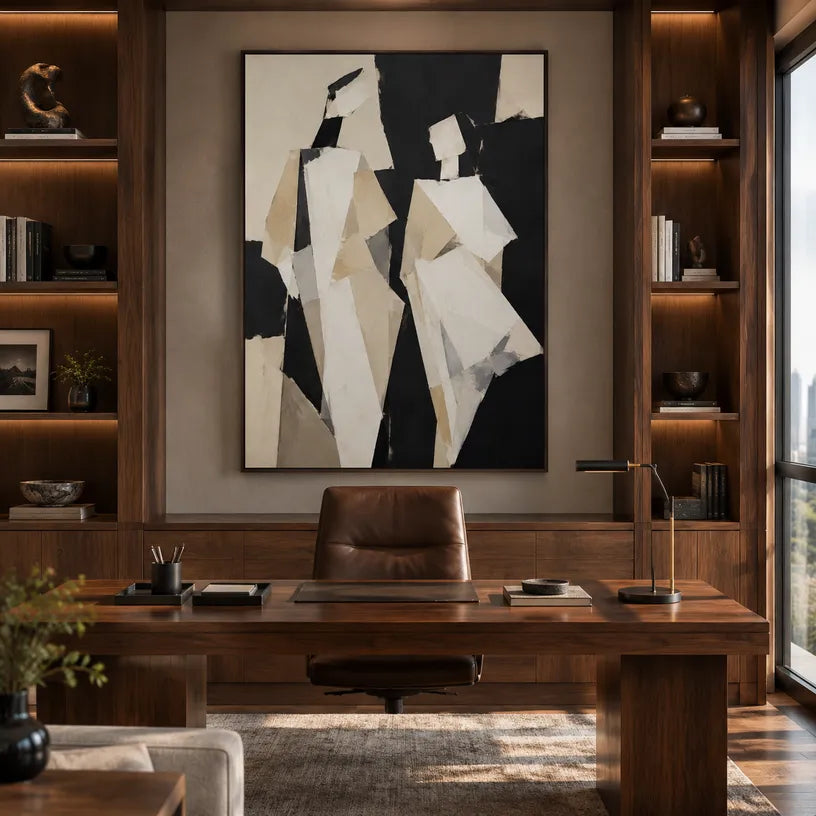 Minimalist portraiture & figure oil painting showing a stylized figure or portrait with expressive painterly shapes in a brown palette.