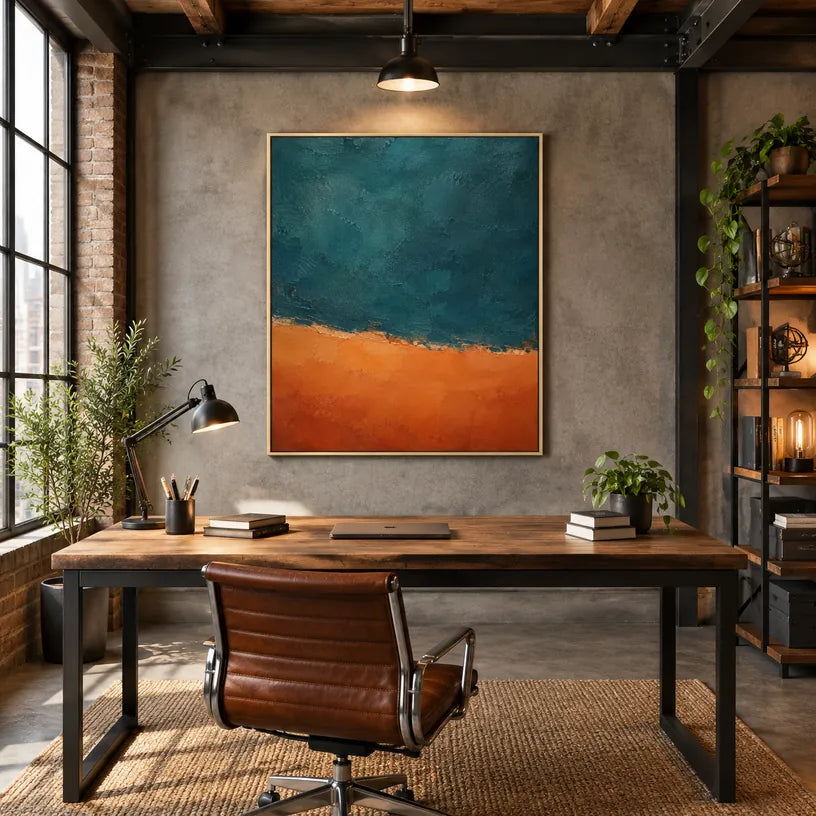 Peinture à l'huile abstraite et conceptuelle minimaliste présentant des marques abstraites superposées, une texture et un mouvement pictural expressif dans une palette bleue.