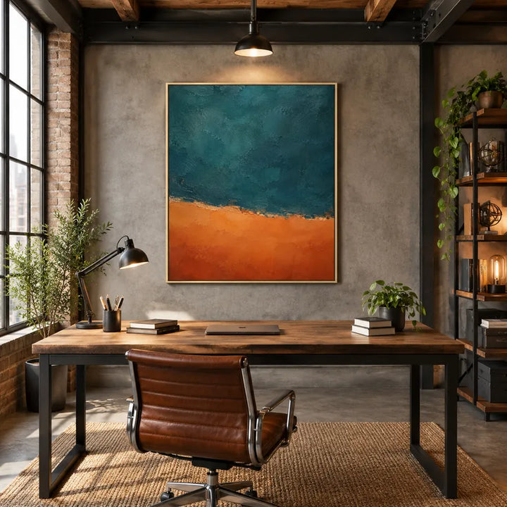 Pittura a olio minimalista astratta e concettuale con segni astratti stratificati, consistenza e movimento pittorico espressivo in una tavolozza blu.