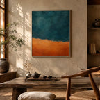 Pintura al óleo minimalista abstracta y conceptual que presenta marcas abstractas en capas, textura y movimiento pictórico expresivo en una paleta azul.